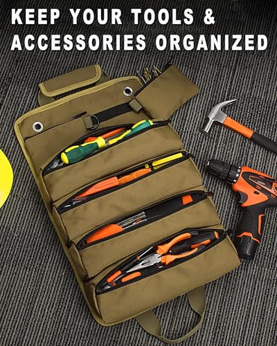 Roll Up Tool Bag Organizer, Gifts for Men Dad Husband Him Christmas Stocking Stuffers, Heavy Duty Storage Pouches Carrier Bag for Electrician Mechanic Thanksgiving Fathers Day Birthday Gifts (Khaki) - view 2