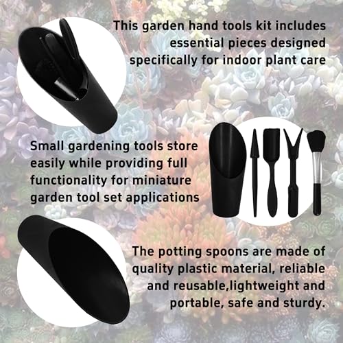 5Pcs Mini Succulent Tools Set, Plastic Garden Hand Tools Kit for Indoor Plant Care, Succulent Bonsai Miniature Garden Tool Set,Small Gardening Tools for Transplanting Digging Planting, Black - view 5