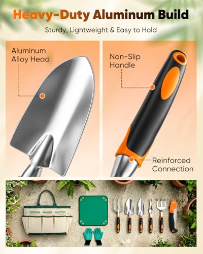 Garden Tool Set Gardening Tools - Heavy Duty Aluminum Tool Kit with Non-Slip Handle, Gardening Gloves and Tool Bag for Weeding, Planting and Pruning, Gifts for Women Mom (Orange Set) - view 5