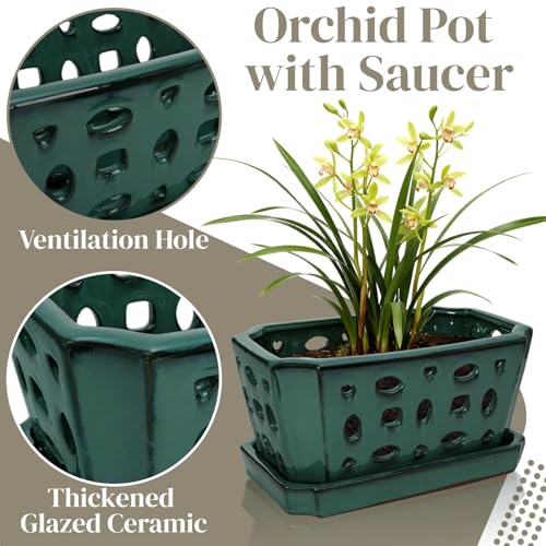 Ceramic Orchid Pot with Saucer & Holes, Large Rectangle Repotting Plant Pot with Gloves & 3 PCS Shovels, Thickened Glazed Decorative Planter, Slotted Flower Container for Good Air Circulation - view 3