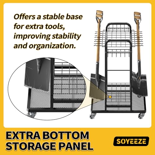 Garden Tool Organizer with Lockable Wheels, Heavy Duty 3-Tier Yard Tower Tool Rack for Garage, Holds Up to 35 Long-Handled Tools, Garden Tool Cart with 12 Hooks for Tool Organization Storage - view 4