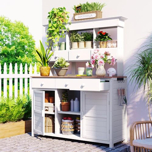 Topmax Potting Bench Table, Outdoor Garden Workstation with Hutch, 3 Shelves, 6 Drawers, 2 Cabinets, Side Hooks for Patio, Mudroom, White Finish, Ideal for Gardening Supplies - view 6