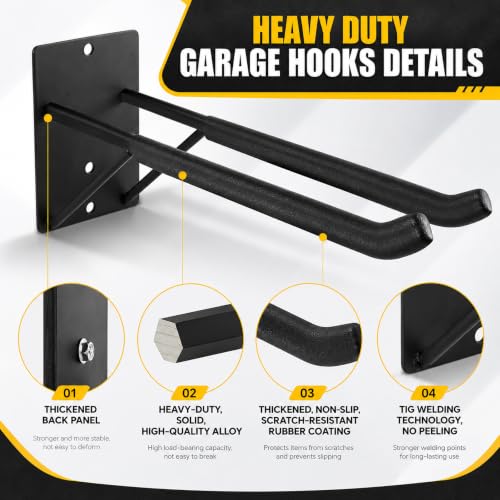 14" Large Heavy Duty Garage Hooks, Steel Garage Storage Hooks with Support Rods, Utility Wall Mount Hangers for Power Tools, Car Tires, Ladders, Chairs, Garden Tools and More (6-Pack 14" Heavy Hooks) - view 3