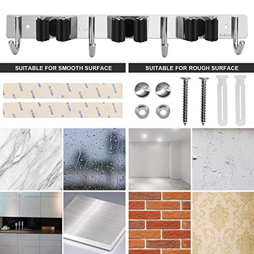 Broom Mop Holder Wall Mount, Garage Organization Tool Organizer Storage Broom Closet Kitchen Organization Heavy Duty Garage Tools Hanger with 3 Racks 4 Hooks for Home Kitchen Garden Laundry Room - view 6