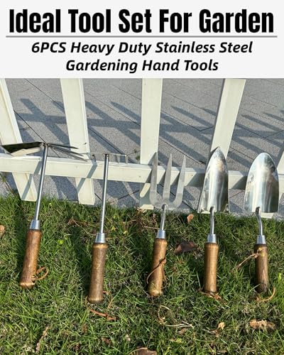 Garden Tool Set, 6PCS Heavy Duty Stainless Steel Gardening Hand Tools with Ropes, Includes Hand Cultivator Shovel Trowel Transplanter 2-in-1 Hoe Pruner, Ideal Gardening Gifts for Women Men (Classic) - view 5