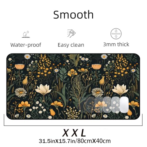 Cute Dark Floral Desk Mat Vintage Wildflower Plant Mouse Pad 31.5"X15.7" - view 2