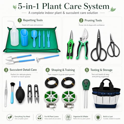 25 Pcs Succulent & Bonsai Tools Set for Beginners, Indoor Plant Care Tool Set with Repotting Mat, Organizer Tote, Soil Moisture Meter, Pruning Shears, Mini Garden Tools, Gardening Gift for Women Men - view 2