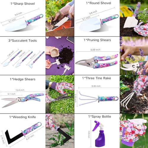 Garden Tools Set, 10 Pieces Gardening Tools with Floral Print, Ergonomic Handle Trowel Rake Weeder Pruner Shears Sprayer, Garden Hand Tools with Carrying Case Gardening Gifts for Women Father - view 3