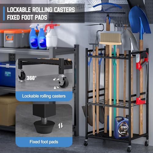 Garden Organizer With Wheels, Yard Tower Rack for Garage Storage, Up to 35 Long-Handled Tools, Sturdy Metal Steel Holder With 3 Hooks, Outdoor, Black - view 4