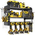 Power Tool Organizer, Drill Holder Wall Mount with 2 Side Pegboards with Hooks, 3 Layer Garage Organization Heavy Duty Tool Organizers Utility Rack for 4 Drill Holders Black