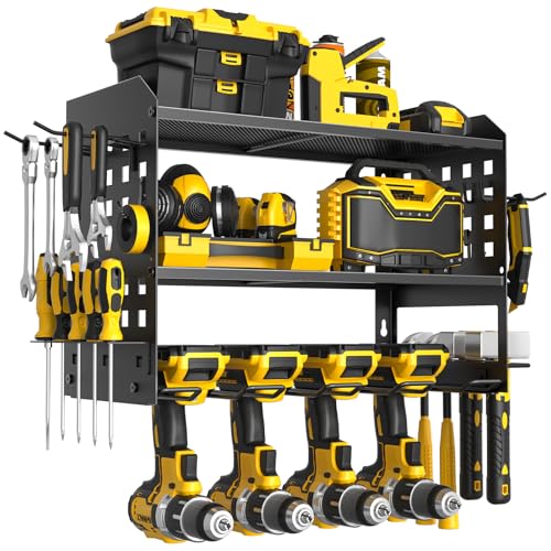 Power Tool Organizer, Drill Holder Wall Mount with 2 Side Pegboards with Hooks, 3 Layer Garage Organization Heavy Duty Tool Organizers Utility Rack for 4 Drill Holders Black