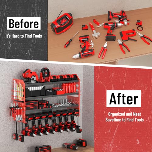 Large Power Tool Organizer Wall Mount with Charging Station, 4 Layer Heavy Duty Metal Cordless Tool Organizer, Tool Storage Rack with 8 Cordless Drill Holder Screwdriver Hammer(Red) - view 3