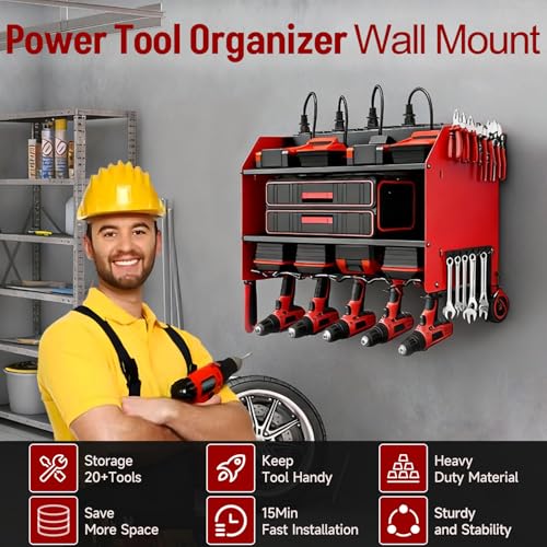 Power Tool Organizer Wall Mount with Charging Station, Heavy Duty 3 Layers Tool Storage Rack with 4 Cordless Drill Holder, Battery Holder with 8 Power Strip, Ideal for Garage, Warehouse, Workshop - view 3