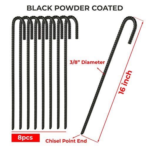16” Ground Rebar Stakes (8pcs) Heavy Duty J Hook Ground Anchors, Curved Steel Plant Support Garden Stake with Chisel Point end, Hammer Through Hard Soil for Camping Tent - Black Powder Coated - view 2