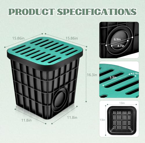 Large Drainage Catch Basin with Debris Basket, Durable 16x16x16 in French Drain Basin with Fiberglass Grate, No Reserved Hole for Yard, Patios, Downspouts, Lawns - view 2