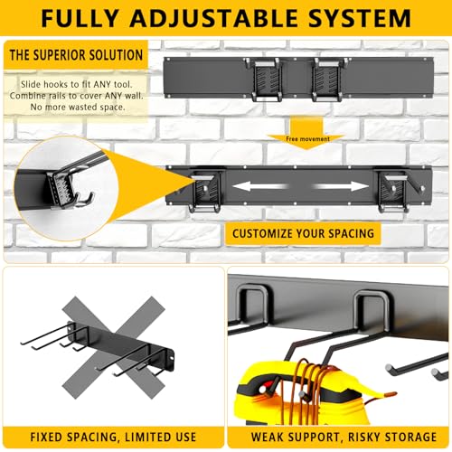 Garage Tool Organizer Wall Mount, 48inch Heavy-Duty Garage Storage System and Garden Tool Organizer with 7 Adjustable Hooks for Shovel, Snowboard, Yard Tools and Shed - view 3