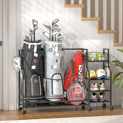 Golf Bag Storage Rack for Garage with Wheels, Organizer for Golf Bag and Equipment Accessories, Golf Organizer Stand Ideal for Home, Garage, Club, Shed, Basement - Sturdy and Durable (Black) - view 6