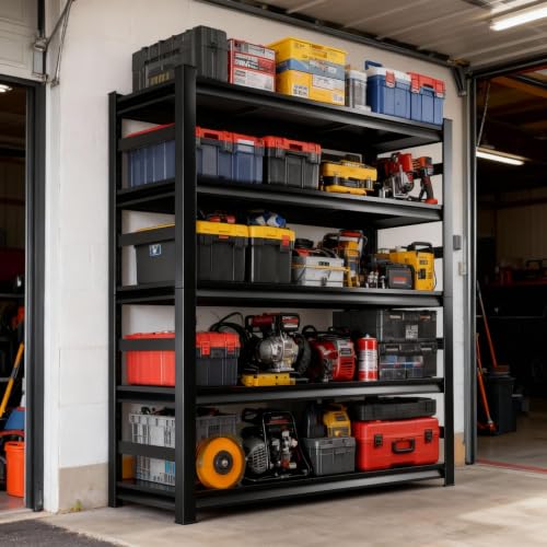 72"H Metal Garage Shelving Unit, Heavy Duty 5-Tier Adjustable Storage shelves, Steel Shelving, 3000 LBS Capacity, Industrial Shelves for Heavy Tools and Equipment, Ideal for Garage, Basement, Black - view 2