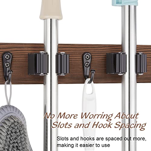 Mop Broom Holder Wall Mount with 3 Slots & 4 Hooks - Wood Broom Mop Hanger for Pantry Kitchen Organization - Garden Tool Organizer for Closet Laundry Room - for Rustic Farmhouse Kitchen Decor - view 5