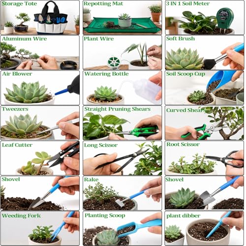 25 Pcs Succulent & Bonsai Tools Set for Beginners, Indoor Plant Care Tool Set with Repotting Mat, Organizer Tote, Soil Moisture Meter, Pruning Shears, Mini Garden Tools, Gardening Gift for Women Men - view 5