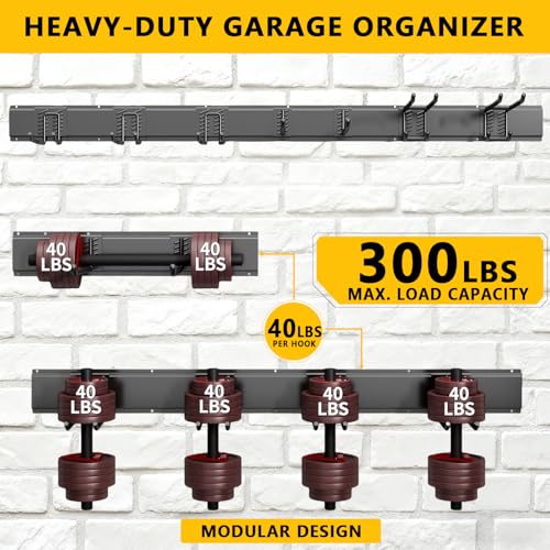 Garage Tool Organizer Wall Mount, 48inch Heavy-Duty Garage Storage System and Garden Tool Organizer with 7 Adjustable Hooks for Shovel, Snowboard, Yard Tools and Shed - view 2
