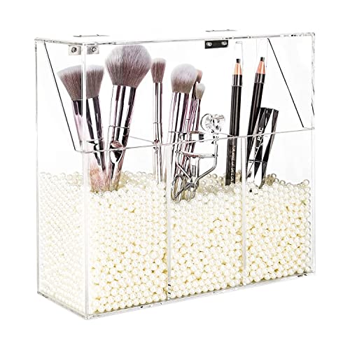 Clear Makeup Brush Holder, Acrylic Makeup Brush Organizer For Vanity, Cosmetic Brush Storage Box with Pearls, For Bathroom, Bedroom, Vanity Countertop