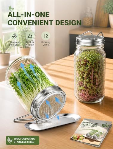 Sprouting Lids for Wide Mouth Mason Jars, 2 Pack with Drain Stand - view 2