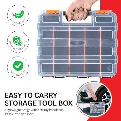 Andalus Tools Organizer Box, Small Parts Storage 34-Compartment Double-Sided Portable Hardware Organizer Removable Plastic Dividers for Screws, Nuts, Bolts, Nails – Orange (2 Pack, 12.5" x 10.5" x 3") - view 7