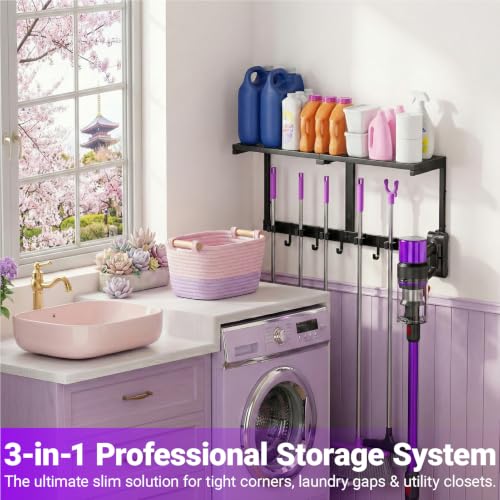 Heavy Duty Broom Holder Wall Mount, All-Metal Mop Rack with Storage Shelves - view 4