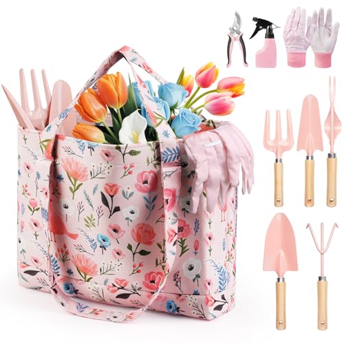 Gardening Tools 10-Piece Garden Tool Set with Floral Bag, Pink Red