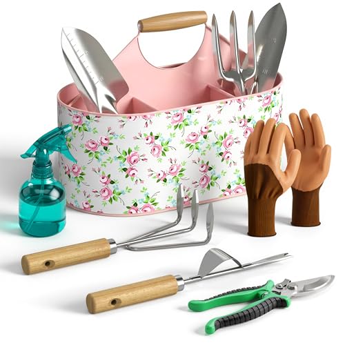 9Pcs Garden Tool Set with Stainless Steel Tools&Metal Basket, Pink