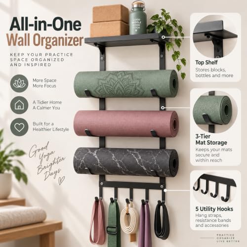 Home Gym Equipment Organizer, Yoga Mat Holder Wall Mount, Yoga Mat Storage Rack with Floating Shelf, 4 Tier Workout Equipment Storage for Foam Roller, Yoga Blocks, Resistance Bands Gym Accessories - view 2
