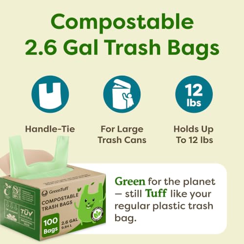 2.6 Gallon Compostable Trash Bags (100 Count) — Thick 0.7 Mil Small Compost Bin Liners — Leak-Resistant Plant-Based Food Scrap Bags for Countertop Kitchen Compost Pails — ASTM D6400 BPI Certified - view 3