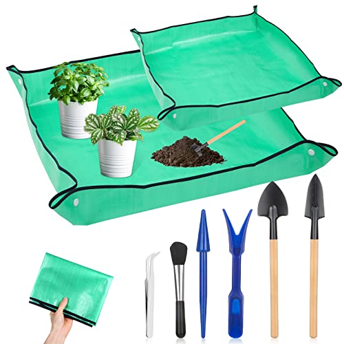 Plant Repotting Mat for Garden, 2 Pcs Waterproof Potting Mat Foldable Indoor Plant Mats Portable Square Gardening Mat Potting Tray with 6 Pcs Mini Garden Tools Set for Plant Lovers Gardening Gifts