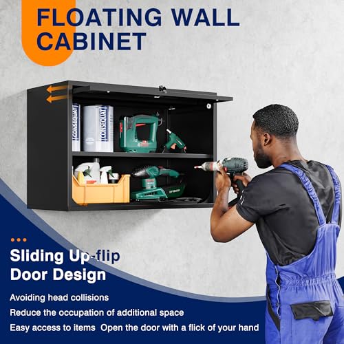 Metal Garage Wall Cabinet with Doors and Shelves, Wall Mounted Metal Storage Cabinet, Floating Garage Tool Cabinet for Garage, Basement, Kitchen, Warehouse (Black, 21.6" H) - view 4