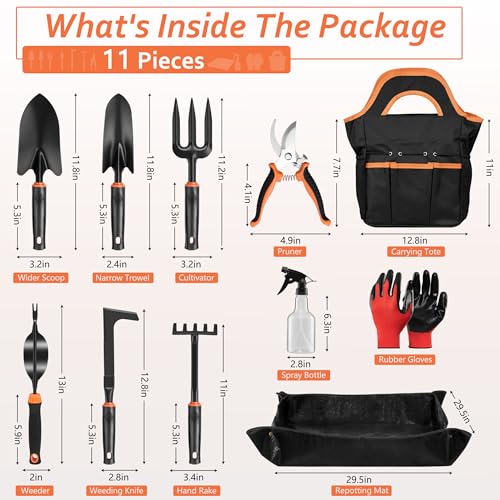 Garden Tools Set, 11 Pcs Gardening Supplies Hand Tool Kit for Women Men Gardeners, Include Tote Bag, Reportting Mat, Transplant Trowel, Rake, Pruner for Outdoors - view 2