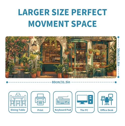 Japanese Coffee Shop Mouse Pad Desk Mat XL Extended Large Gaming Desk Pad Mousepad, Green Plant Computer Laptop Keyboard and Mouse Mat, Desktop Protector Mat for Office and Home 31.5x11.8 in - view 2