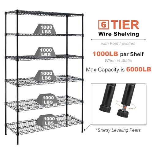 6-Tier Wire Shelving Unit with Wheels, 48x18x72 in, Black - view 4