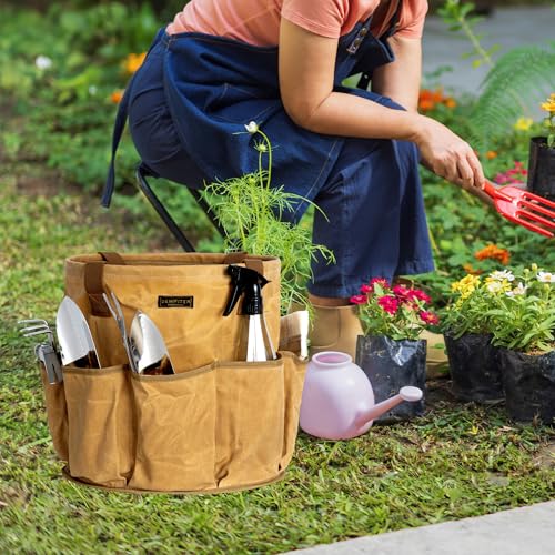 Heavy-Duty 16oz Waxed Canvas Garden Tool Tote with Handle, Wide-Mouth Open Top Design 12.5 inch Tool Bag | Khaki - view 5