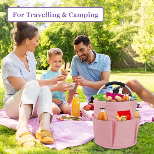 17L Portable Shower Caddy with 6 Side Pockets, Foldable Cleaning Supply Caddy with Handle, Garden Tool Bag in 600D Oxford Fabric, Multifunctional Storage Basket for Showers, Picnics, Pink - view 4