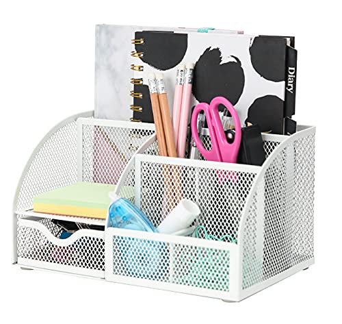 Desk Organizer 7 Compartments Metal Mesh Pen Holder Caddy White