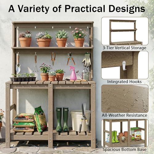 Outdoor Potting Bench with 3 Tier, All-Weather Patio Potting Table with Tool Hooks, HDPE Gardening Table for Backyard, Garden, Brown - view 3