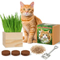 Cat Grass Kit Indoor Cats - Cat Grass Growing Kit with Wooden Planter, 3 Plantings with Wheatgrass Seeds, Coconut Soil Discs & Gardening Tool, Indoor Cat Garden Gift