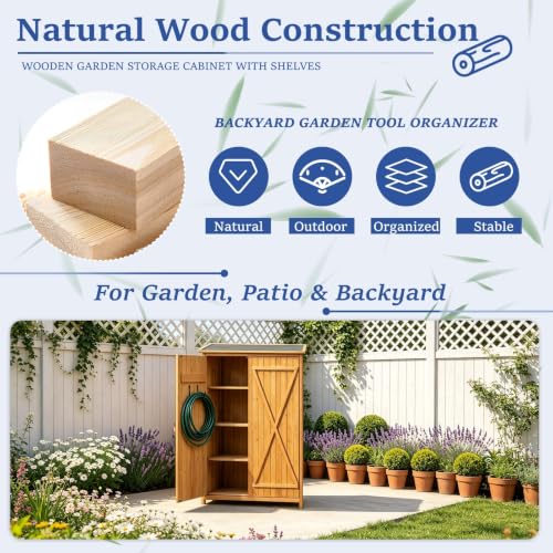 Wooden Outdoor Storage Cabinet, Garden Shed with Double Doors and Shelves, Tool for Patio Backyard, Organizer for Gardening Supplies, Easy Assembly - view 7