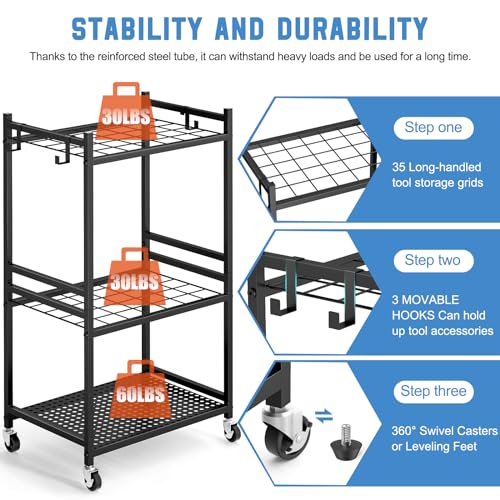 Garden Organizer With Wheels, Yard Tower Rack for Garage Storage, Up to 35 Long-Handled Tools, Sturdy Metal Steel Holder With 3 Hooks, Outdoor, Black - view 2
