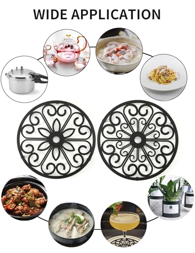 2 Pack Decorative Round Flower Trivets - 7 Inch Iron Pot Pads, Black Elegant Kitchen and Dining Table Protector, Teapot Stands Holders, Metal Plant Holder for Desktop Potted Plant、Small Green Plants - view 5