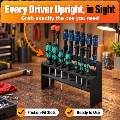 Universal Screwdriver Stand for Hand Tool Organization – Freestanding Holder with Friction Fit Grip | Keeps Workbench Tidy | Multi-Slot Storage Rack for Garage Workshop - view 2