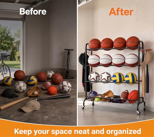 Basketball Rack with Wheels, 4 Tier Garage Ball Storage Organizer - view 5