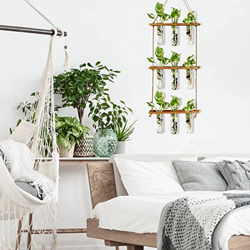 Wall Hanging Propagation Station with Wooden Stand Glass Test Tubes Tiered Planters Wall Terrarium for Home Office Plant Hanger Flower Vases Wall Decor Hydroponic Cuttings (9 Tube Vases) - view 3