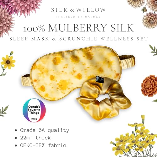 SILK & WILLOW - Botanical Print Pure Mulberry Silk Eye Mask & Scrunchie Gift Set, Luxurious Sleep Eye Mask & Hair Accessory Bundle, Durable Nature-Considerate Wellness Gifts for Women, Marigold Yellow - view 2